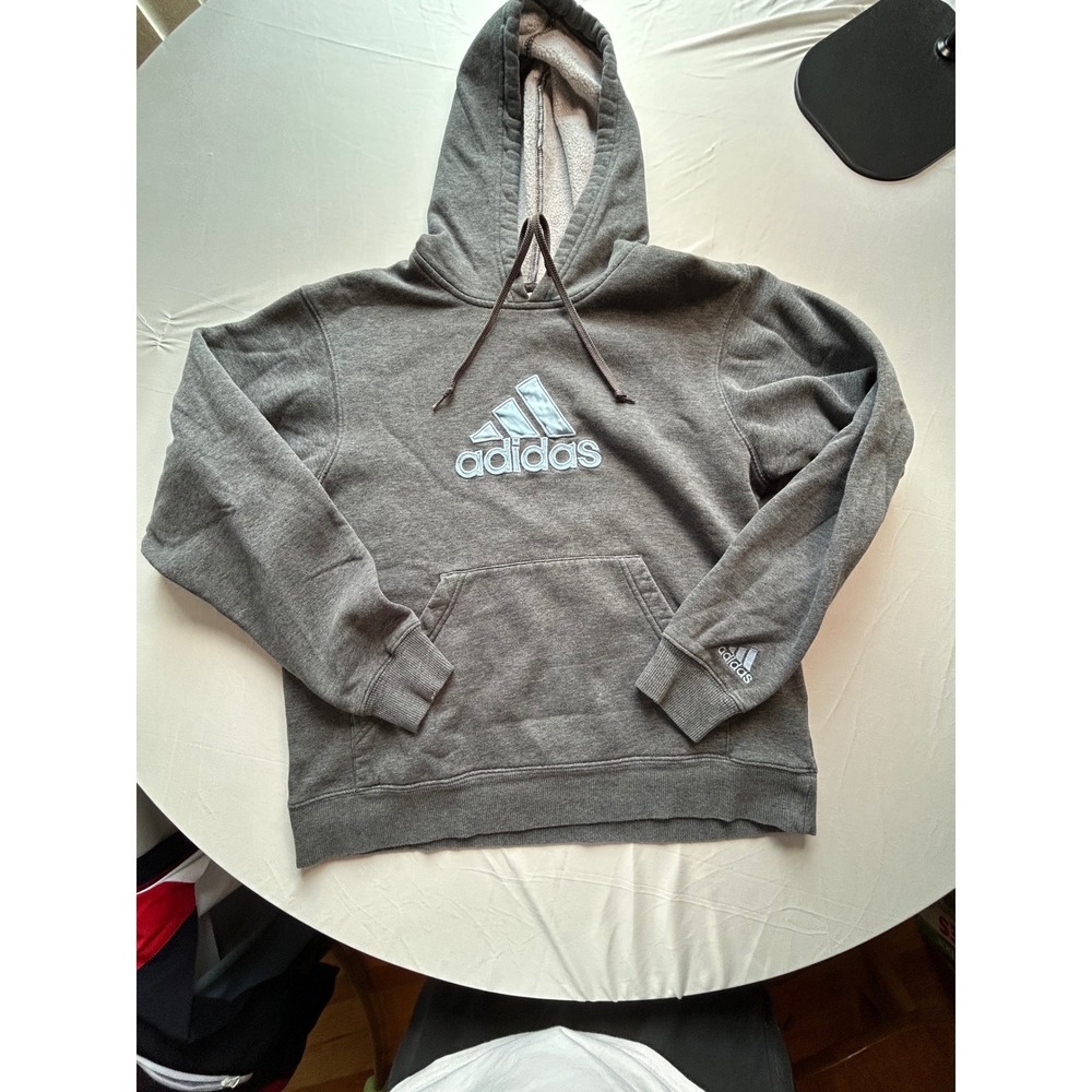 Adidas Mens Hoodie Charcoal Gray Blue Embroidered Logo Pullover Sweatshirt S
